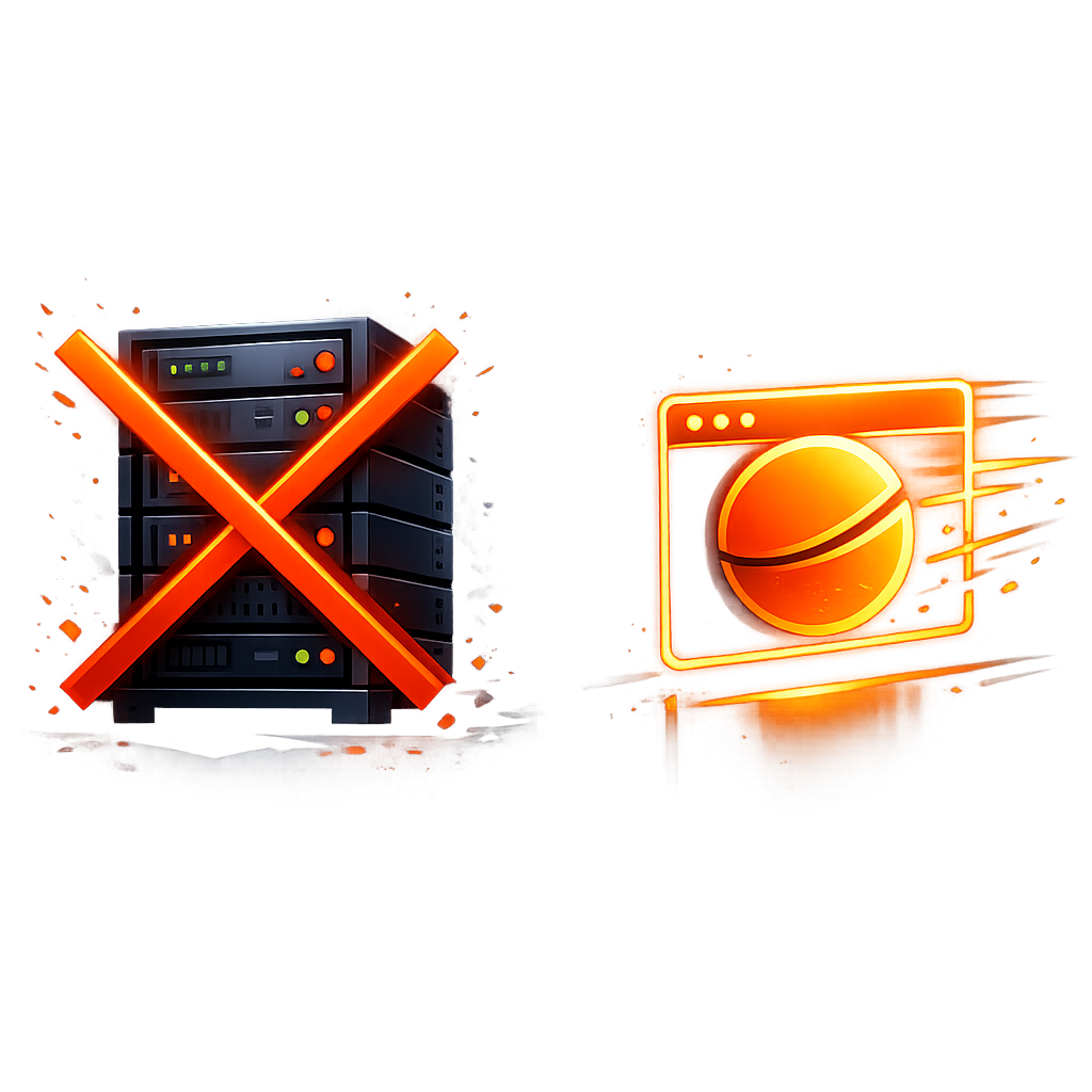 A comparison visual showing a heavy server rack crossed out versus a lightweight browser icon glowing brightly