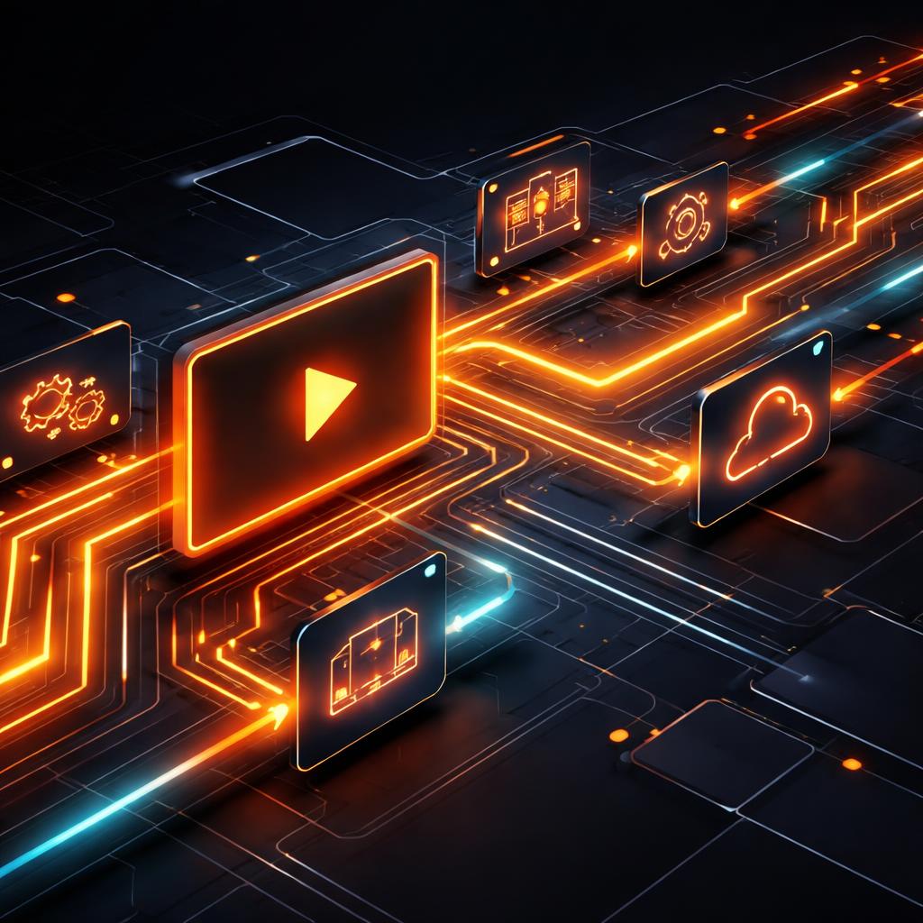 Hardware-accelerated encoding traces Abstract representation of a high-speed video pipeline as glowing circuit traces